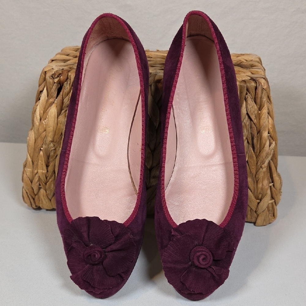 Vintage Pretty Ballerinas Dark Purple Suede Flats Floral Accent Size 38.5 8US